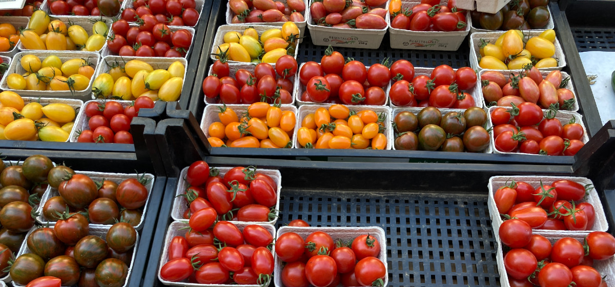 Diversity, Vielfalt verschiedene Tomatensorten auf einem Marktstand